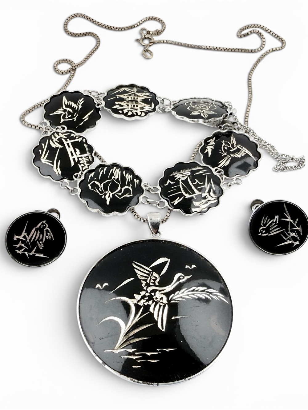 Vintage Amita Sterling Silver Damascene Necklace Set Black Enamel Japanese Bird
